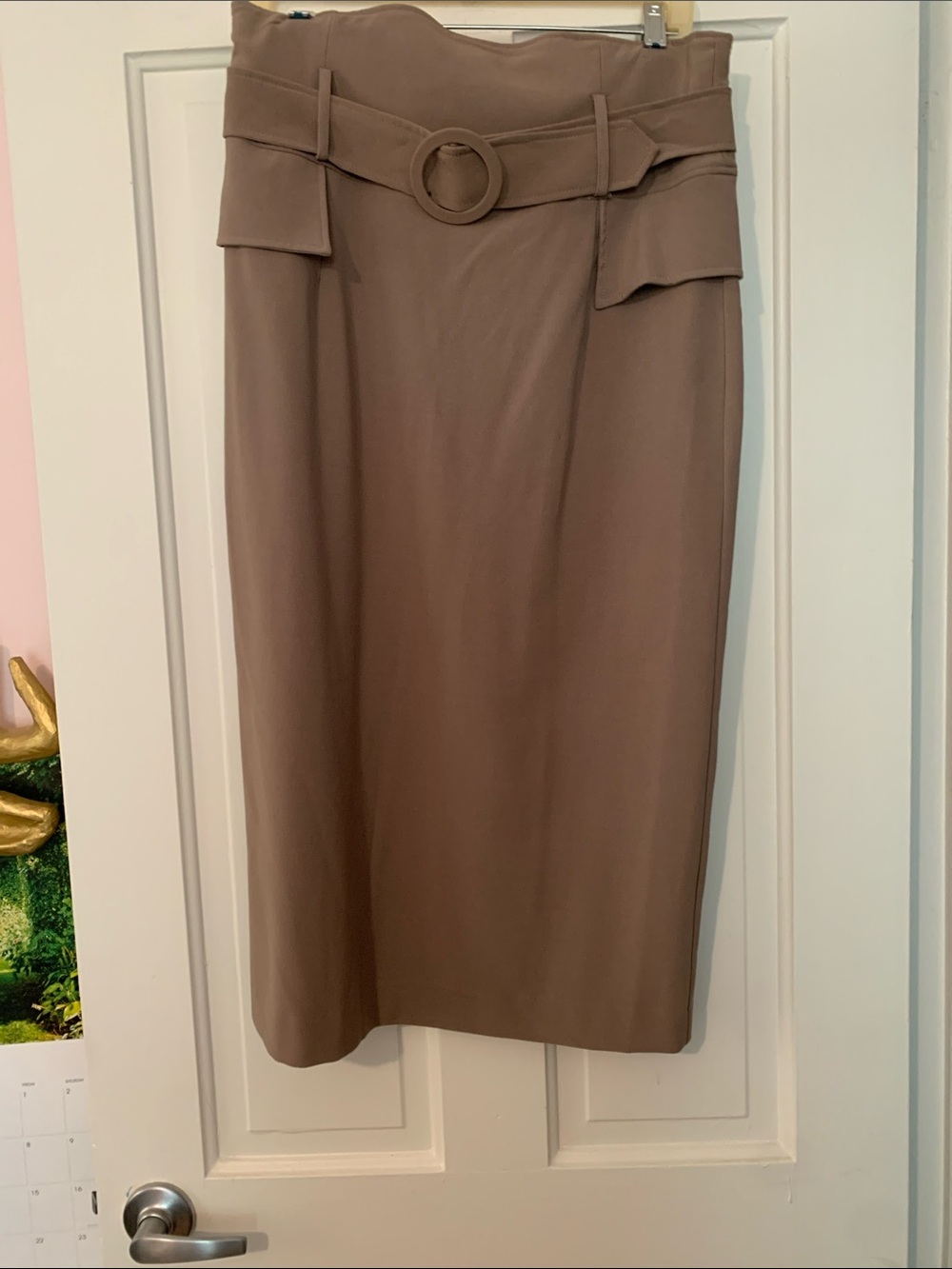 Lapis Taupe Belted Pencil Skirt with Round Buckle